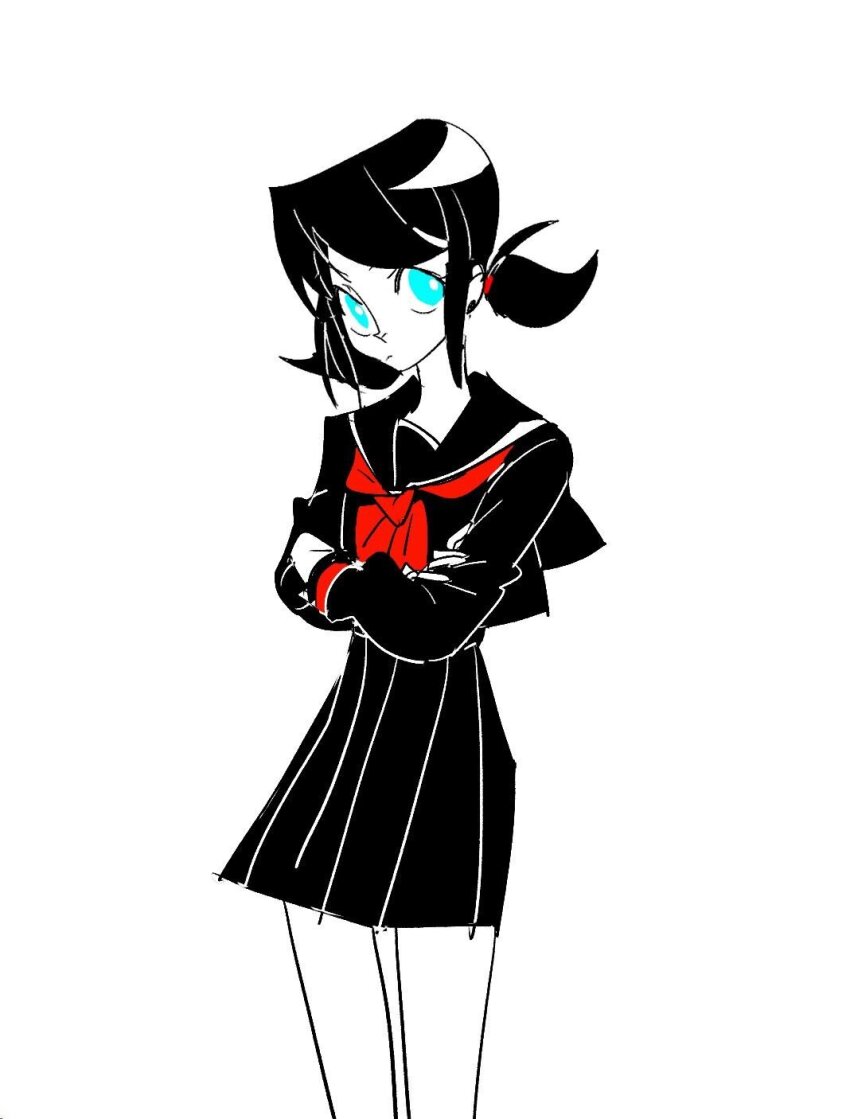 1girl blue_eyes commentary_request cowboy_shot crossed_arms hair_tie highres looking_at_viewer marinette_dupain-cheng miraculous_ladybug red_sailor_collar sailor_collar school_uniform sidelocks simple_background solo twintails yuzikoz_mega