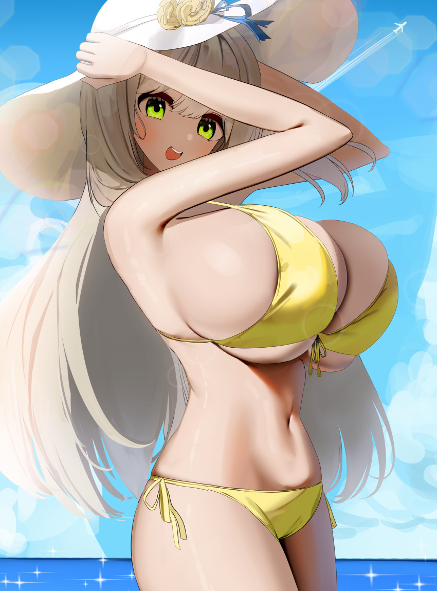 1girl absurdres aircraft airplane bikini blue_archive breasts cleavage flower front-tie_top glint green_eyes hat hat_flower highres horizon huge_breasts jet light_brown_hair long_hair looking_at_viewer navel nicorima nonomi_(blue_archive) nonomi_(swimsuit)_(blue_archive) ocean official_alternate_costume side-tie_bikini_bottom sky solo sun_hat swimsuit very_long_hair yellow_bikini