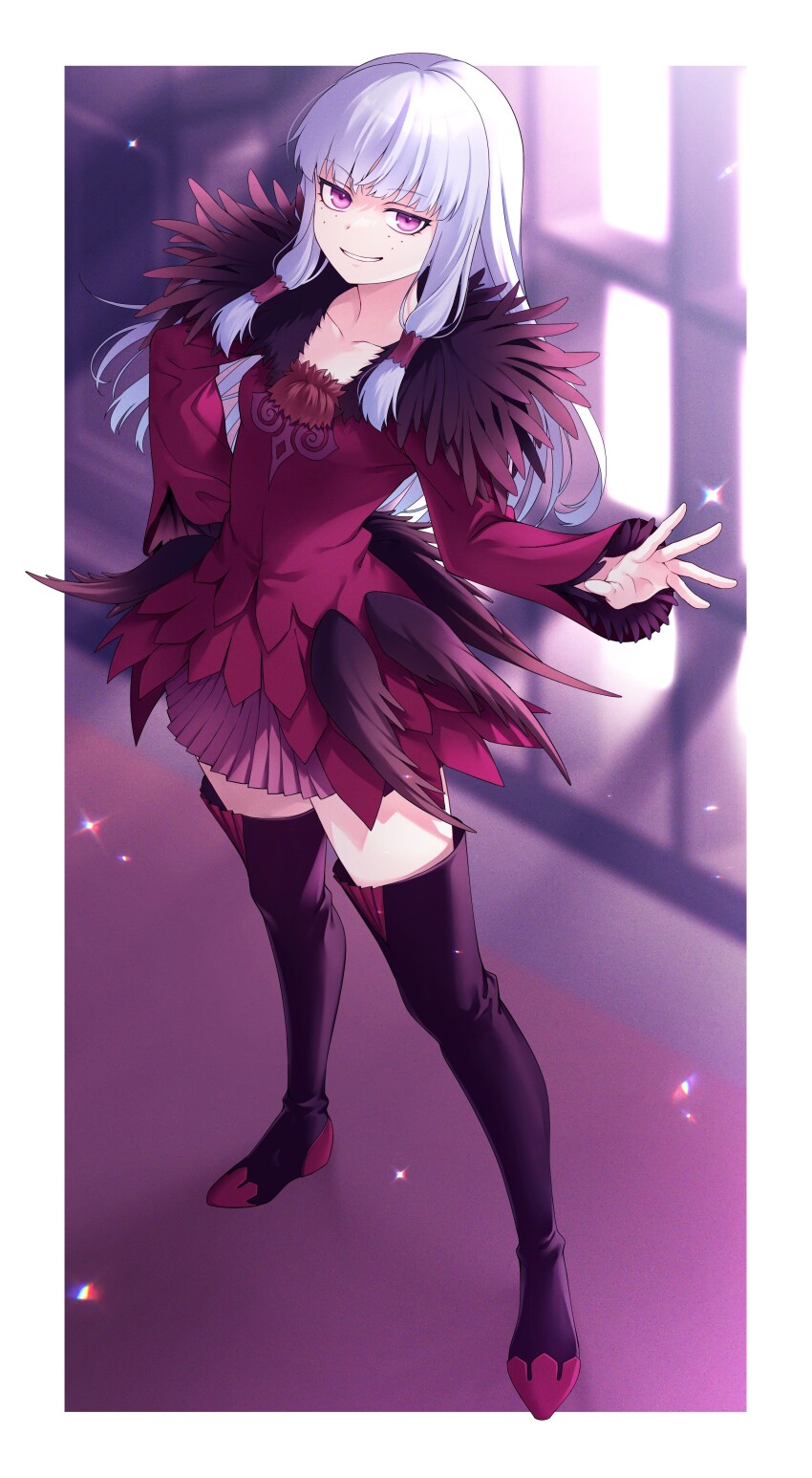 1girl absurdres agria_(tales) black_thighhighs boots commission e_(eokiba) freckles fur_trim grin hair_rings highres indoors long_hair looking_at_viewer low-tied_sidelocks purple_eyes sidelocks skirt smile solo surcoat tales_of_(series) tales_of_xillia thigh_boots thighhighs white_hair window