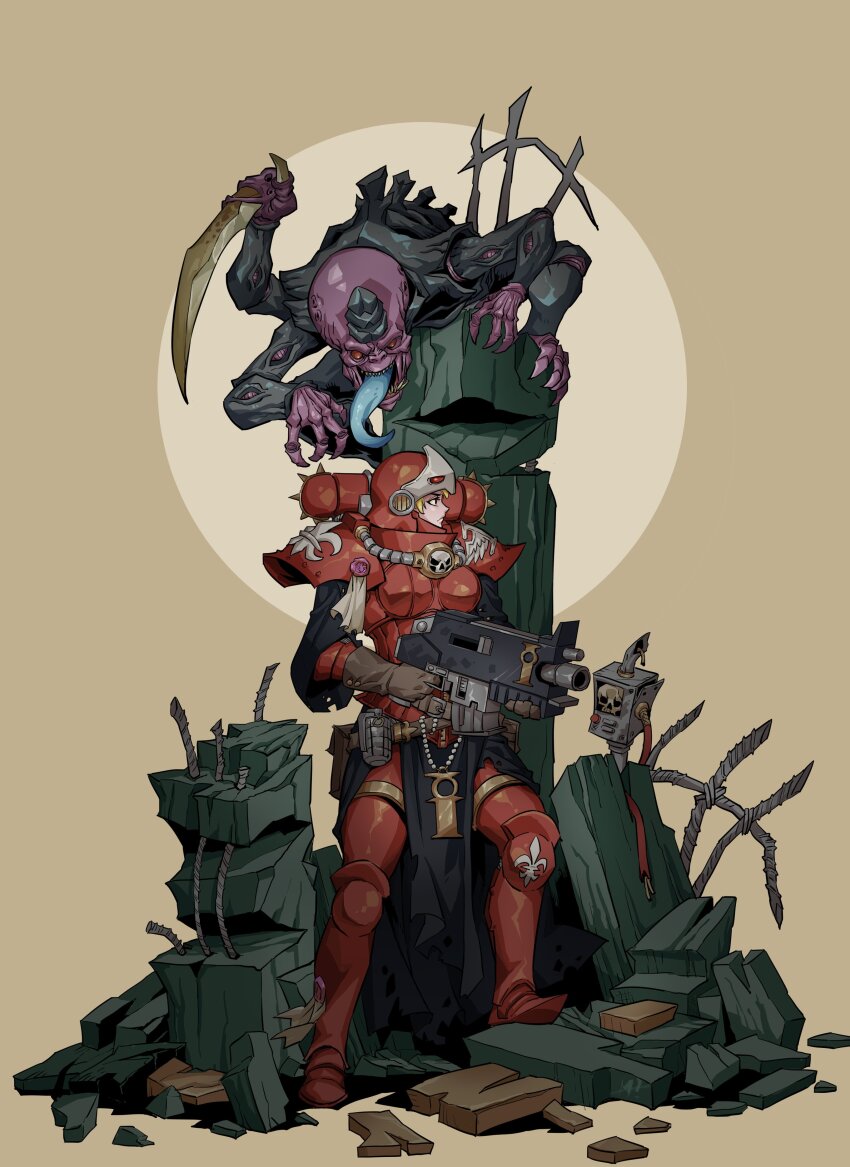 1girl absurdres adepta_sororitas alien armor blonde_hair bolter claws clueless explosive fleur-de-lis gloves grenade helmet highres inquisition_(warhammer) knife leather leather_gloves loincloth long_tongue looking_to_the_side power_armor purity_seal rebar red_eyes rmulderz rubble tongue tyranid warhammer_40k weapon
