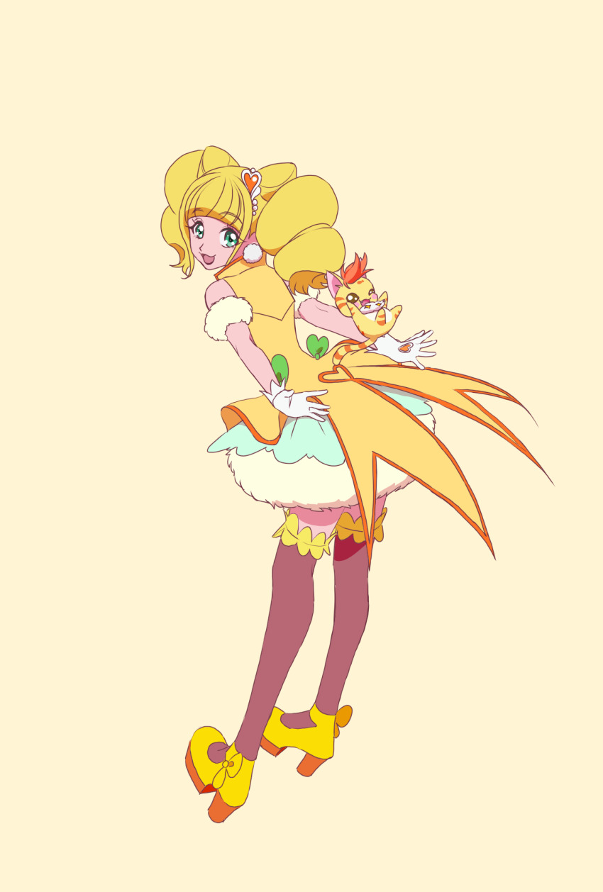 1girl :d ankle_bow ankle_ribbon aqua_skirt blonde_hair blunt_bangs bow brown_thighhighs bubble_skirt cone_hair_bun creature cure_sparkle double_bun earrings from_behind gloves green_eyes hair_bun hair_ornament healin&#039;_good_precure healing_animal heart heart_hair_ornament highres hiramitsu_hinata jewelry leg_ribbon looking_at_viewer looking_back magical_girl nyatoran_(precure) open_mouth pom_pom_(clothes) pom_pom_earrings precure ribbon shoes short_hair simple_background skirt smile strawberrylove2525 thighhighs tiger white_gloves yellow_background yellow_bow yellow_shoes yellow_theme