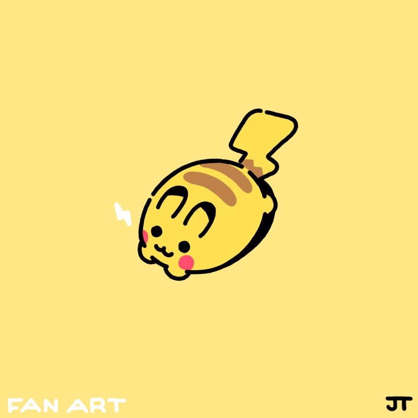 :3 closed_mouth commentary computer_mouse english_commentary english_text full_body gen_1_pokemon highres james_turner lightning_bolt_symbol nintendo no_humans pikachu pokemon pokemon_(creature) pokemon_focus signature simple_background solid_circle_eyes solo themed_object yellow_background