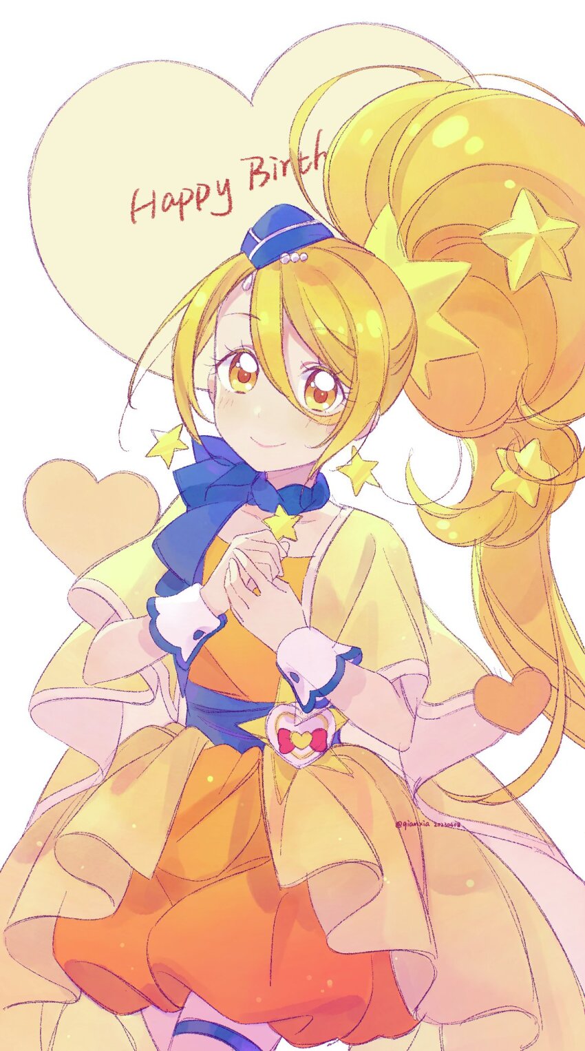 blonde_hair blue_hat blue_scarf commentary cure_etoile dress earrings garrison_cap hair_between_eyes hair_ornament happy_birthday hat heart_pouch highres hugtto!_precure jewelry long_hair magical_girl mini_hat orange_dress precure qianxia_yell scarf side_ponytail star_(symbol) star_earrings star_hair_ornament swept_bangs symbol-only_commentary very_long_hair wrist_cuffs yellow_eyes