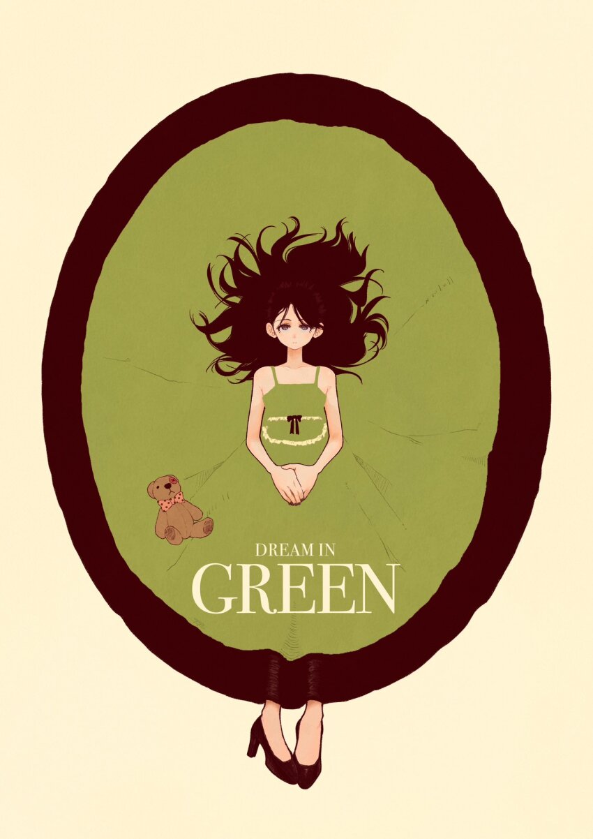 1girl black_eyes black_hair black_shoes dress english_text green_dress high_heels highres long_hair looking_at_viewer original own_hands_together shoes solo stuffed_animal stuffed_toy syooooyoooo teddy_bear white_background