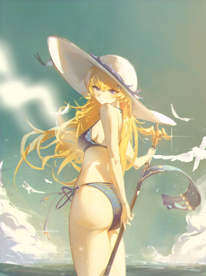 1girl absurdres ass bare_shoulders bikini blonde_hair blue_bikini closed_mouth commentary cowboy_shot dudrinm from_side hair_ornament hat highres holding holding_behind_back holding_staff looking_at_viewer outdoors phoebe_(wuthering_waves) purple_eyes solo staff swimsuit thighs white_hat wind wuthering_waves x_hair_ornament
