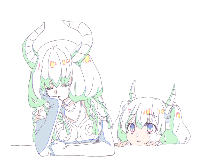 2girls aura_(sousou_no_frieren) bare_shoulders blue_eyes bow braid breasts demon_horns dress elbow_gloves gloves hair_bow hands_up highres horns linie_(sousou_no_frieren) long_hair multiple_girls parted_lips seila_rei simple_background small_breasts sousou_no_frieren strapless strapless_dress twintails upper_body white_background white_bow