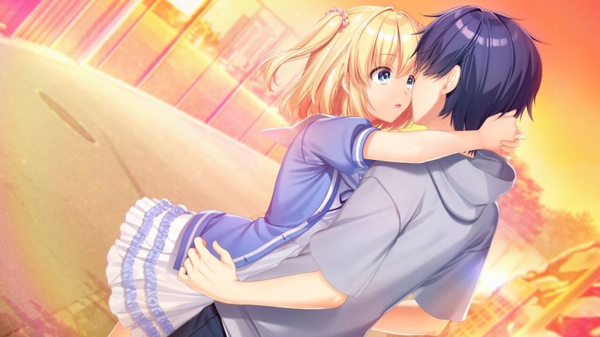 1boy 1girl alpha_(yukai_na_nakamatachi) arms_around_neck blonde_hair blue_eyes blue_hair blue_shirt couple dress dusk eye_contact game_cg gradient_sky grey_sweater hair_between_eyes hair_ornament hair_scrunchie hetero hood hood_down hooded_sweater imminent_kiss kagami_toshiki looking_at_another medium_hair nagima_yumemi open_clothes open_mouth open_shirt orange_sky pink_scrunchie scrunchie shirt short_dress short_hair short_sleeves sky sousaku_kanojo_no_renai_koushiki sweater twintails white_dress