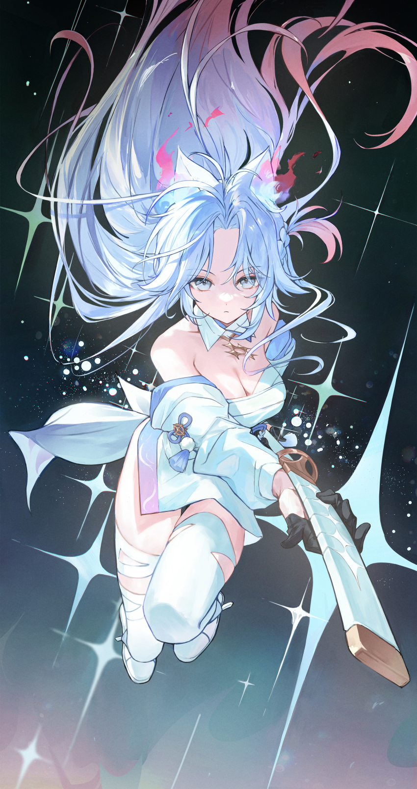 1girl absurdres animal_ears black_gloves breasts cleavage closed_mouth commentary_request fighting_stance floating_hair full_body gloves gradient_hair grey_eyes half_gloves highres holding holding_sword holding_weapon japanese_clothes kimono large_breasts long_hair looking_at_viewer multicolored_hair original pink_hair ready_to_draw solo sparkle sword thighhighs toria_(toriaa_27) torn_clothes torn_thighhighs weapon white_hair white_kimono white_thighhighs