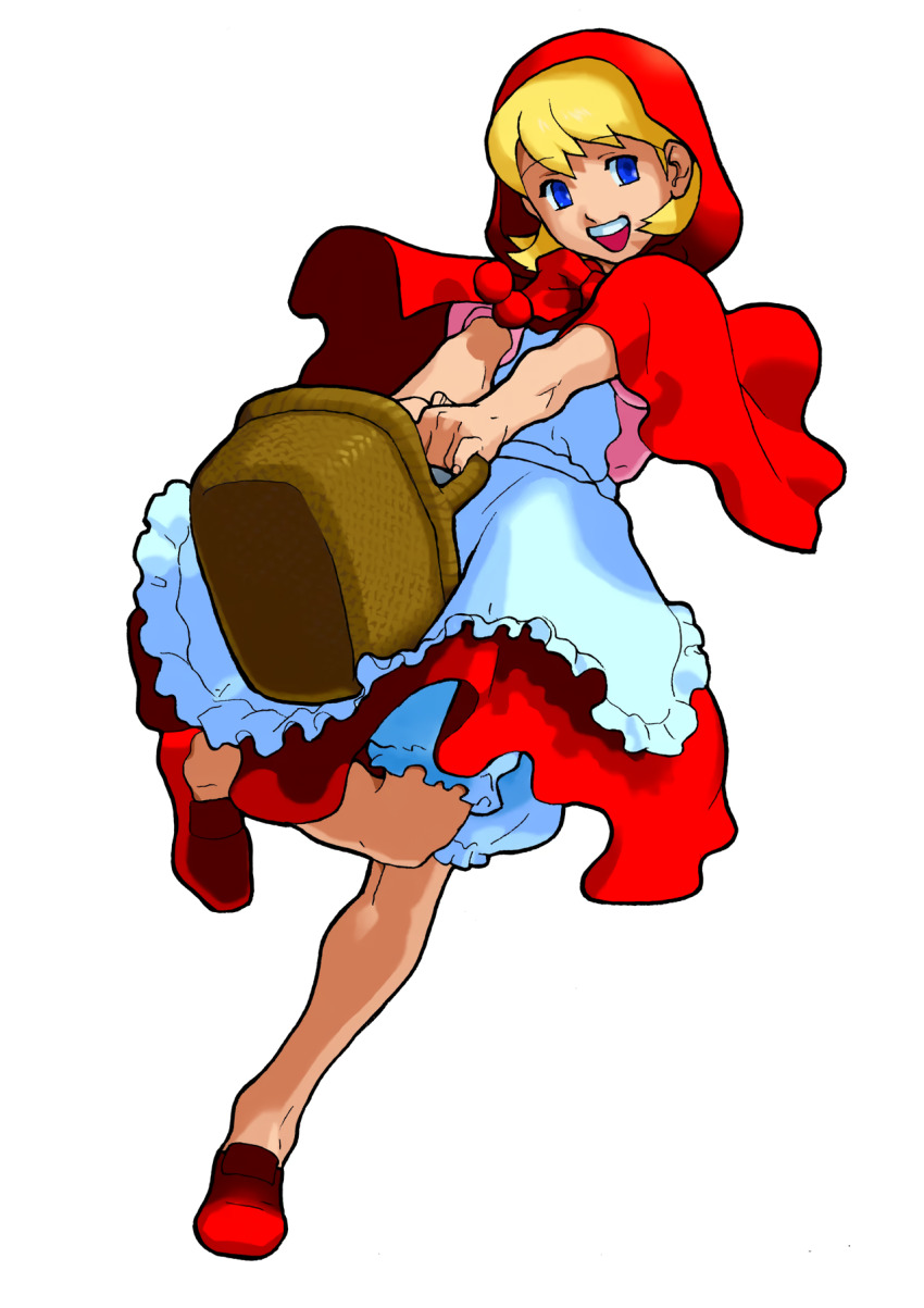 1girl apron b.b._hood basket bengus blonde_hair bloomers blue_eyes capelet darkstalkers dress full_body highres holding hood hooded_capelet non-web_source official_art open_mouth photoshop_(medium) red_dress red_shoes shoes short_hair simple_background smile solo standing standing_on_one_leg underwear vampire_savior:_the_lord_of_vampire white_background