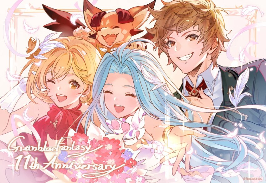 2boys 2girls adjusting_clothes adjusting_necktie ahoge anniversary blonde_hair blue_hair bracelet brown_eyes brown_hair djeeta_(granblue_fantasy) dress dress_shirt foreshortening formal_clothes gran_(granblue_fantasy) granblue_fantasy grin hair_intakes hair_ornament jewelry long_hair lyria_(granblue_fantasy) medium_hair multiple_boys multiple_girls necktie official_art one_eye_closed open_mouth shirt smile suit vyrn_(granblue_fantasy)