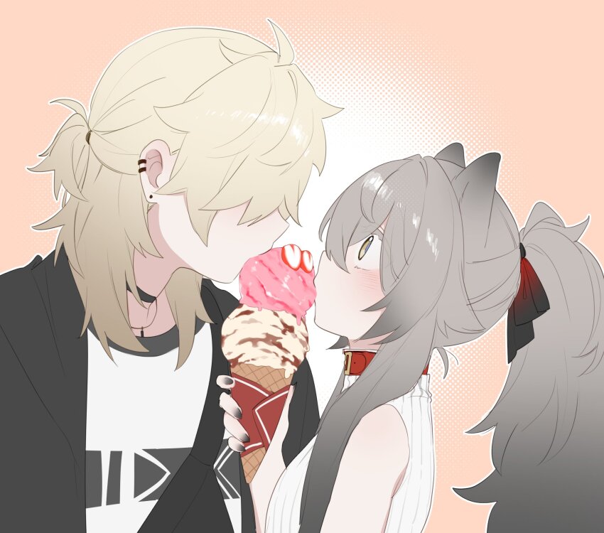 1boy 1girl animal_ears black_choker black_jacket blonde_hair brown_eyes choker collar degrees_of_lewdity earrings food grey_hair highres holding holding_food holding_ice_cream ice_cream ice_cream_cone jacket jewelry kai_(drakkai10) long_hair open_clothes open_jacket original ponytail red_collar ribbed_sweater shirt shoya_(kai_(drakkai10)) sleeveless sleeveless_sweater sweater upper_body white_shirt white_sweater whitney_(degrees_of_lewdity) whitney_(male)_(degrees_of_lewdity)