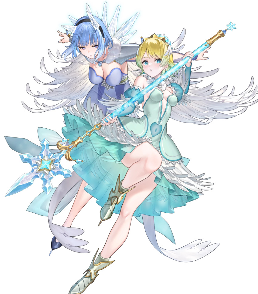 2girls attack backless_dress backless_outfit bare_legs bare_shoulders blonde_hair blue_eyes blue_hair breasts cape cleavage covered_navel dress feather_cape feather_trim fire_emblem fire_emblem_heroes fjorm_(fire_emblem) fjorm_(ice_tribe)_(fire_emblem) highres holding holding_polearm holding_weapon ice_horns ice_skates lance medium_breasts multiple_girls nail_polish nifl_(fire_emblem) nifl_(ice_tribe)_(fire_emblem) nintendo non-web_source official_alternate_costume official_art parted_lips polearm short_hair skates small_breasts tiara tutu weapon white_cape