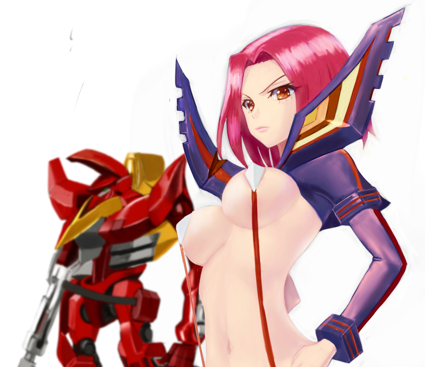 1girl breasts brown_eyes code_geass cosplay guren_(code_geass) guren_mk-ii highres kill_la_kill koshimizu_ami kouzuki_kallen lips matoi_ryuuko matoi_ryuuko_(cosplay) mecha navel red_hair robot senketsu short_hair solo_focus taka_(takahirokun) underboob voice_actor_connection