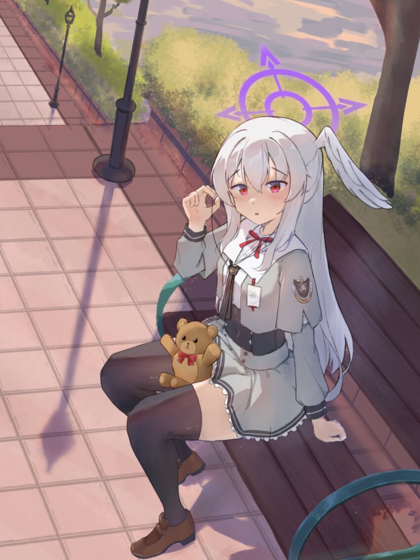 1girl bench black_thighhighs blue_archive brown_shoes commentary day dress english_commentary grey_dress grey_hair grey_serafuku hair_between_eyes halo head_wings headphones highres holding holding_headphones light_blush loafers long_hair long_sleeves looking_at_viewer lumayian neckerchief on_bench outdoors park_bench parted_lips purple_halo red_eyes red_ribbon ribbon school_uniform serafuku shoes single_head_wing single_wing sitting skirt solo striped_neckerchief stuffed_animal stuffed_toy suzumi_(blue_archive) teddy_bear thighhighs wings wooden_bench