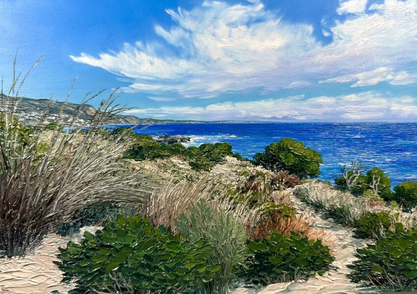 beach bush california commentary day english_commentary grass highres kate_avery no_humans ocean original outdoors painting_(medium) real_world_location scenery traditional_media water