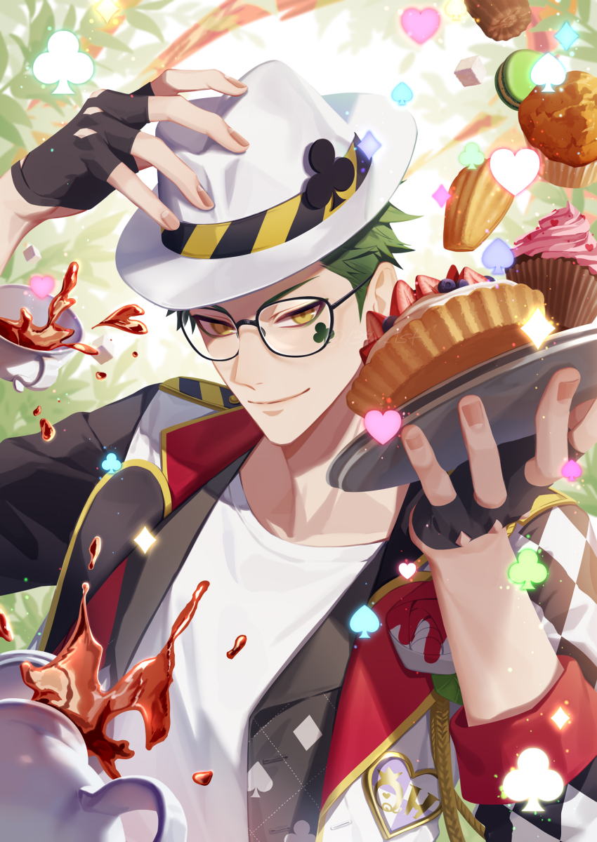 13_(bbr584607091) 1boy black_gloves black_jacket clover cup cupcake diamond_(shape) fingerless_gloves food fruit_tart glasses gloves green_background green_hair hand_on_headwear hand_up hat heart highres holding holding_tray jacket looking_at_viewer madeleine male_focus muffin multicolored_jacket red_jacket shirt short_hair smile solo spade_(shape) tart_(food) tea teacup teapot tray trey_clover twisted_wonderland upper_body white_background white_hat white_jacket white_shirt yellow_eyes
