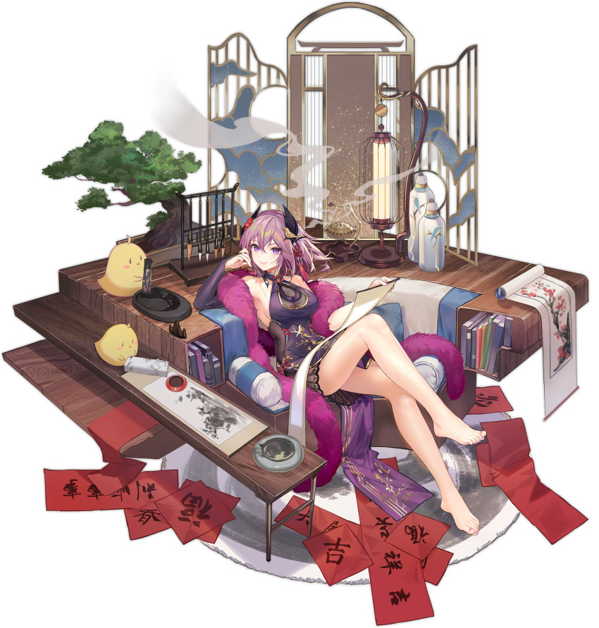 1girl azur_lane bare_shoulders barefoot book bookshelf breasts bridal_gauntlets calligraphy_brush character_name china_dress chinese_clothes cleavage_cutout clothing_cutout criin_(659503) dress feather_boa full_body gold_trim hair_between_eyes highres horns kirishima_(azur_lane) kirishima_(graceful_ink_incense)_(azur_lane) legs manjuu_(azur_lane) medium_breasts medium_hair official_alternate_costume official_art paintbrush purple_eyes purple_hair scroll see-through_clothes side_slit single_bridal_gauntlet sitting sleeveless sleeveless_dress smoke solo toes transparent_background wooden_floor