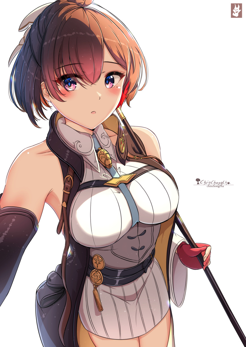 1girl absurdres ahoge artist_name atelier_(series) atelier_yumia belt blush breasts brown_hair chinchongcha collar collarbone commentary_request dress eyebrows_hidden_by_hair eyes_visible_through_hair fingerless_gloves gloves grey_corset highres holding holding_staff large_breasts looking_at_viewer mole mole_under_eye multicolored_hair open_mouth partially_fingerless_gloves pencil_dress purple_eyes red_gloves red_hair selfie short_dress short_hair signature solo staff standing streaked_hair two-tone_hair white_dress yumia_liessfeldt
