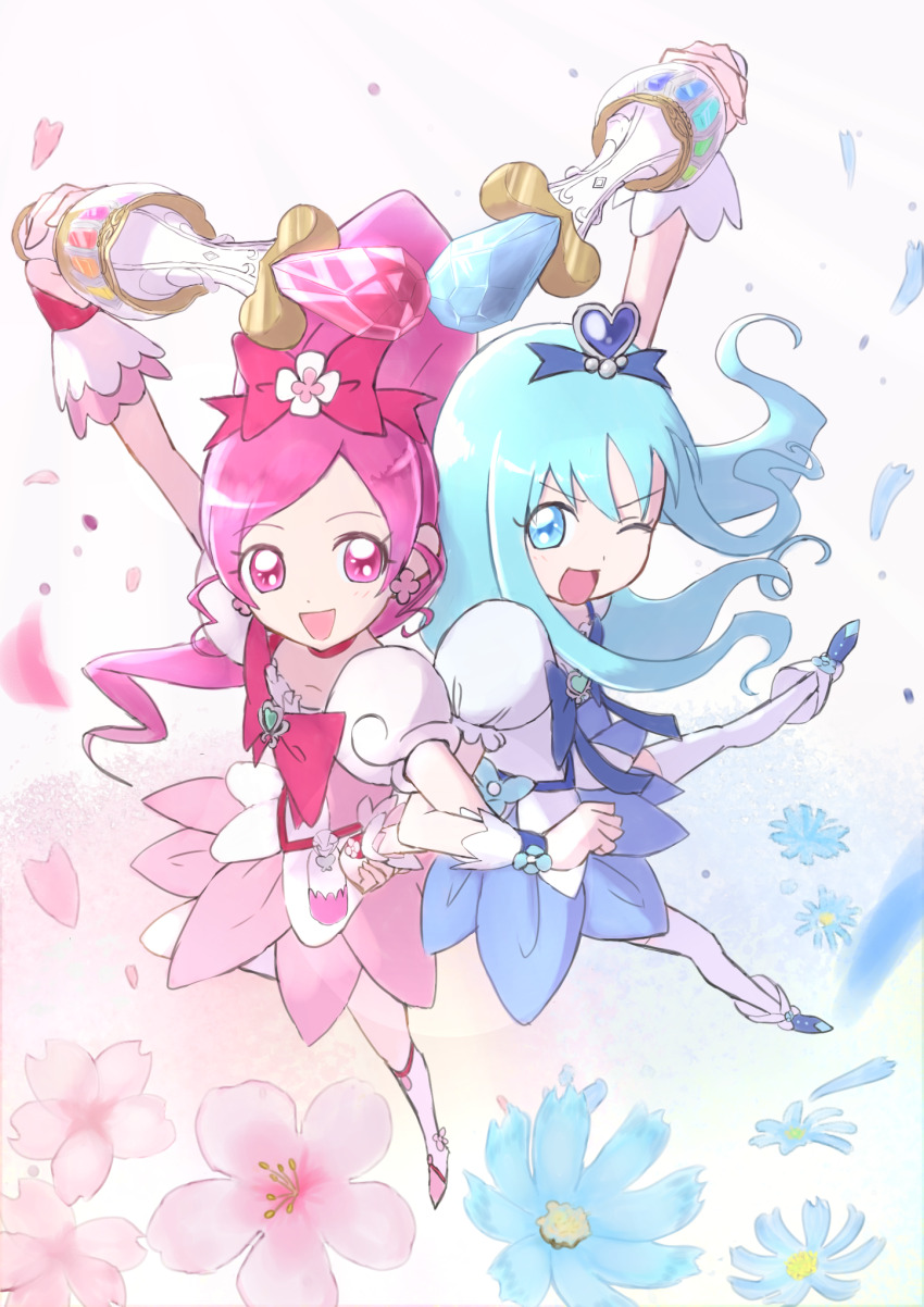 2girls :d ;d ankle_boots arema arm_up back-to-back blue_boots blue_bow blue_dress blue_eyes blue_flower blue_hair blue_petals blue_wrist_cuffs boots bow brooch cherry_blossoms chest_bow choker clenched_hand collarbone commentary cure_blossom cure_marine curly_sidelocks dot_nose dress earrings floral_background floral_dress flower flower_earrings flower_tact frilled_sleeves frilled_wrist_cuffs frills from_above furrowed_brow hair_bow hair_ornament hanasaki_tsubomi hand_on_own_hip heart heart_brooch heart_hair_ornament heartcatch_precure! high_ponytail highres holding holding_wand jewelry knee_up kurumi_erika legs_apart locked_arms long_hair looking_at_another magical_girl multicolored_dress multiple_girls one_eye_closed open_mouth parted_bangs petals pink_boots pink_bow pink_choker pink_dress pink_eyes pink_petals pink_wrist_cuffs ponytail precure puffy_short_sleeves puffy_sleeves short_dress short_sleeves simple_background smile thighhighs two-tone_dress very_long_hair wand wavy_hair white_background white_dress white_thighhighs wrist_cuffs