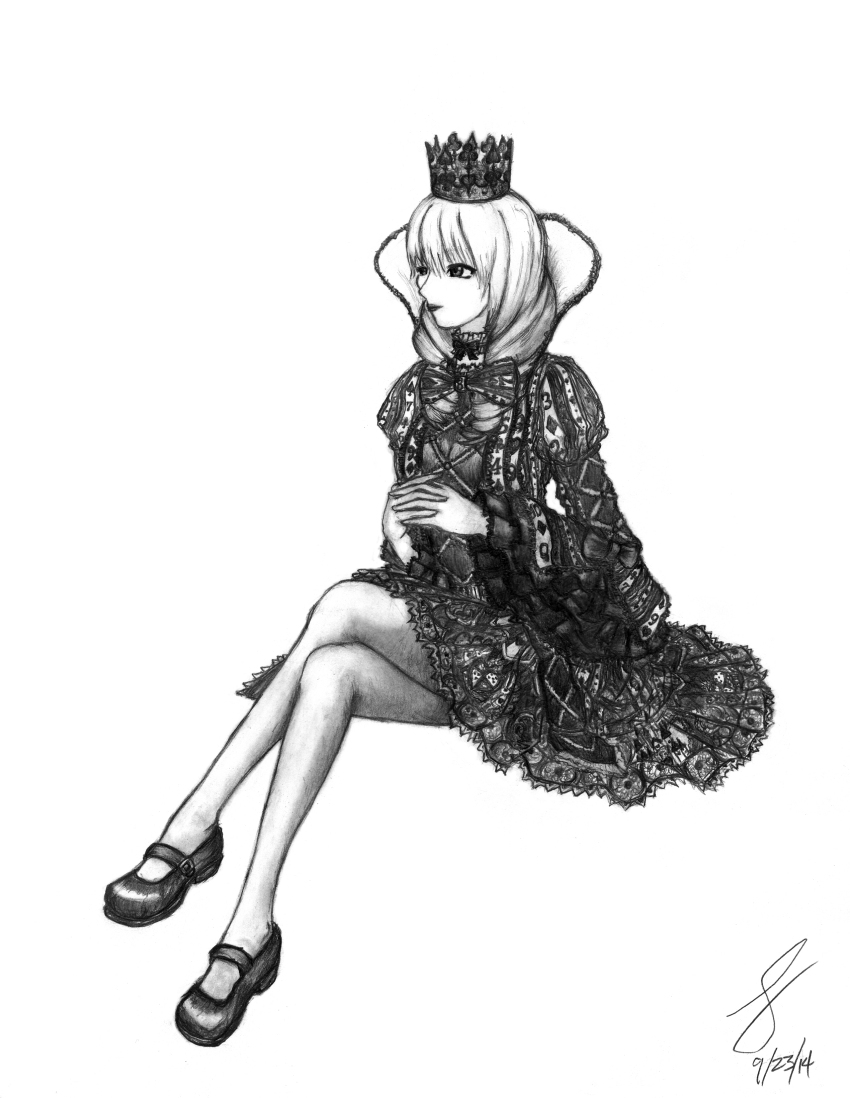 10s 2014 absurdres bow bowtie closed_mouth crown dated dazzle_(shinkonryu) greyscale highres crossed_legs maridah mary_janes monochrome original own_hands_clasped own_hands_together pantyhose shoes short_hair simple_background sitting smile solo white_background