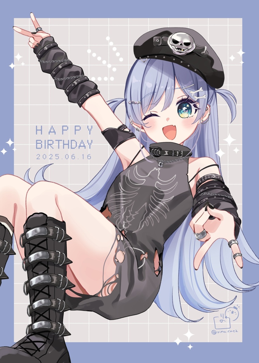 1girl ;d bare_shoulders beret black_sleeves blue_border blue_hair bone_hair_ornament boots border cartoon_bone commentary_request dated detached_sleeves dress green_eyes grey_background grey_boots grey_dress grey_hat grid_background hair_ornament happy_birthday hat highres knee_boots knees_together_feet_apart lace-up_boots long_hair long_sleeves looking_at_viewer one_eye_closed open_mouth rino_cnc sleeveless sleeveless_dress sleeves_past_wrists smile solo sparkle tilted_headwear torn_clothes torn_dress two_side_up very_long_hair virtual_youtuber vspo! yano_kuromu
