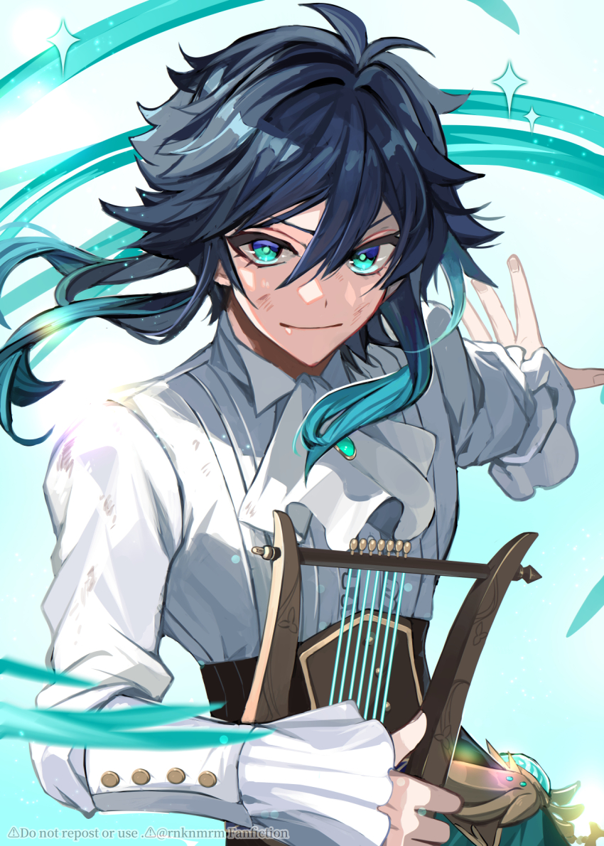 1boy alternate_hairstyle antenna_hair aqua_eyes aqua_gemstone aqua_shorts arm_up ascot black_hair blue_background blue_hair brown_corset buttons closed_mouth corset fingernails frills gem genshin_impact gradient_background gradient_hair hair_between_eyes highres hiki_yuichi holding holding_instrument holding_lyre instrument long_sleeves looking_at_viewer lyre male_focus multicolored_hair no_headwear puffy_long_sleeves puffy_sleeves shirt short_hair shorts sidelocks simple_background smile solo sparkle standing v-shaped_eyebrows venti_(genshin_impact) vision_(genshin_impact) watermark white_ascot white_background white_shirt