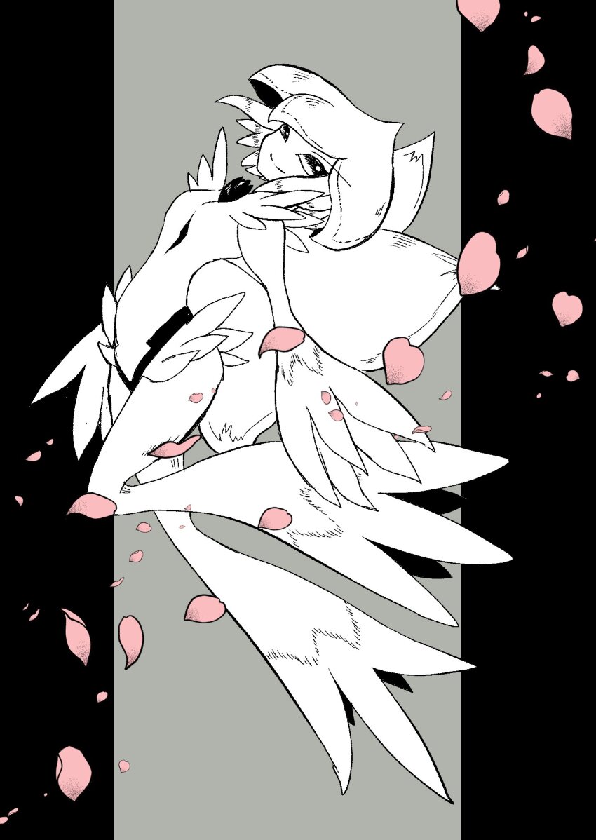 breasts digimon digimon_(creature) fairy flower flying highres lilamon looking_at_viewer monochrome monster_girl petals plant_girl quatrefolium517 smile