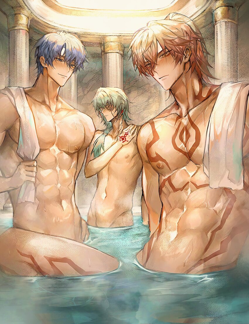 3boys abs anaxa_(honkai:_star_rail) arm_tattoo blue_eyes blue_hair chest_tattoo collarbone convenient_censoring eyepatch facial_tattoo highres honkai:_star_rail honkai_(series) long_hair male_focus multiple_boys muscular muscular_male mydei_(honkai:_star_rail) nude onsen phainon_(honkai:_star_rail) red_tattoo short_hair smirk steam sweat tappeee tattoo topless_male water_censor