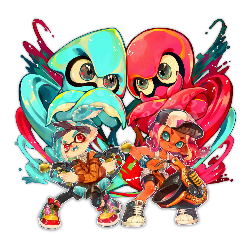 1boy 1girl amehatobook black_leggings black_shorts blue_eyes blue_hair brown_jacket commentary full_body highres ink inkling inkling_boy inkling_player_character jacket leggings long_hair nintendo octoling octoling_girl octoling_player_character red_eyes shoes shorts simple_background slosher_(splatoon) sneakers splat_dualies_(splatoon) splatoon_(series) splatoon_2 tan tank_top tentacle_hair white_background white_tank_top