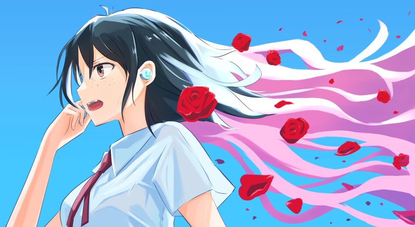 black_hair brown_eyes collared_shirt cycloneactionx earbuds earphones flower freckles from_side highres long_hair naitou_suzu open_mouth petals pink_hair red_neckwear rose ryuu_to_sobakasu_no_hime shirt solo sweatdrop white_shirt