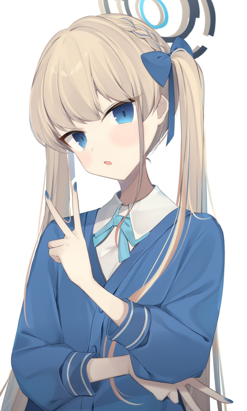 1girl absurdres blonde_hair blue_archive blue_eyes blue_hair blue_halo blue_jacket blue_nails blue_ribbon braid collared_shirt commentary fingernails halo hanasaki_rin highres jacket long_hair multicolored_hair nail_polish neck_ribbon open_clothes open_jacket ribbon shirt simple_background solo streaked_hair toki_(blue_archive) twintails v very_long_hair white_background white_shirt