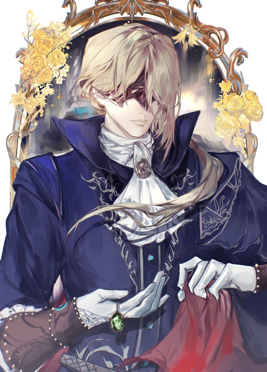 absurdres ascot asymmetrical_bangs belt blindfold blonde_hair blue_jacket brooch cape capelet closed_mouth commentary duchess_(elden_ring) elden_ring elden_ring_nightreign eye_mask facing_viewer flower gloves highres holding holding_jewelry jacket jewelry mirror ornate_clothes ovolinyu parted_bangs short_hair two-sided_cape two-sided_fabric white_ascot white_background white_gloves