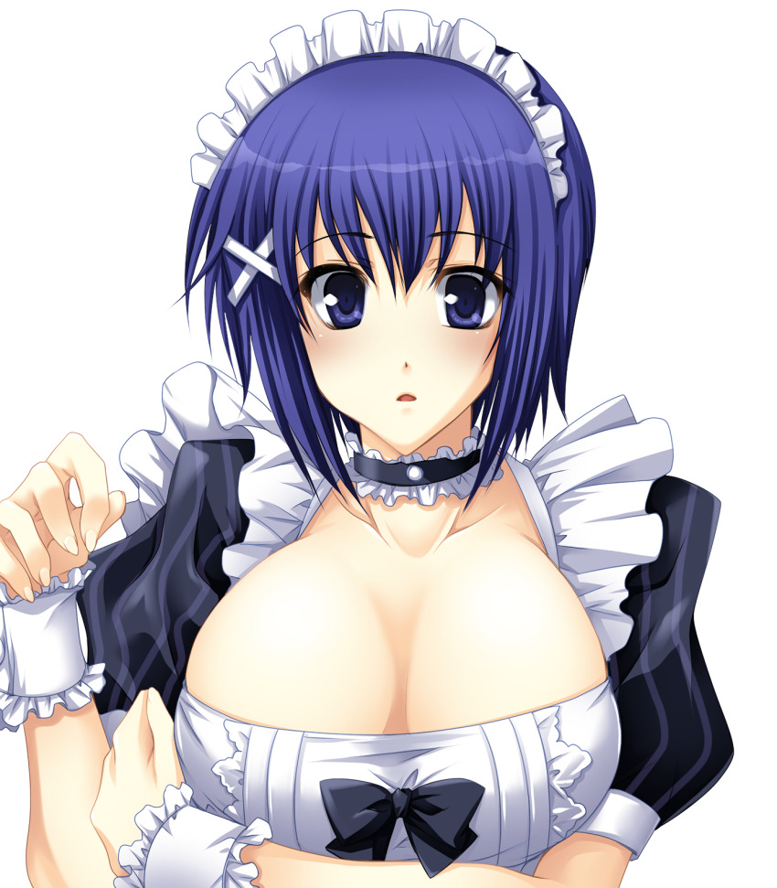 1girl arm_under_breasts blue_eyes blue_hair blush breasts cleavage highres kouno_itsuki large_breasts looking_down maid_headdress parted_lips phantom_breaker short_hair solo tongue waitress waitress_uniform