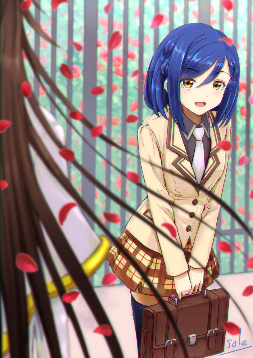 2girls aika_granzchesta akira_ferrari aria_(manga) artist_name bag black_shirt black_thighhighs blue_hair blurry blurry_background blurry_foreground braid brown_hair brown_skirt capelet collared_shirt commentary_request depth_of_field falling_petals feet_out_of_frame gold_trim hair_between_eyes highres himeya_company_uniform holding legs long_hair long_sleeves medium_hair miniskirt multiple_girls necktie open_mouth out_of_frame own_hands_together petals pleated_skirt school_bag school_uniform shirt sidelocks signature skirt standing swept_bangs telaform thighhighs very_long_hair white_capelet white_necktie yellow_eyes zettai_ryouiki