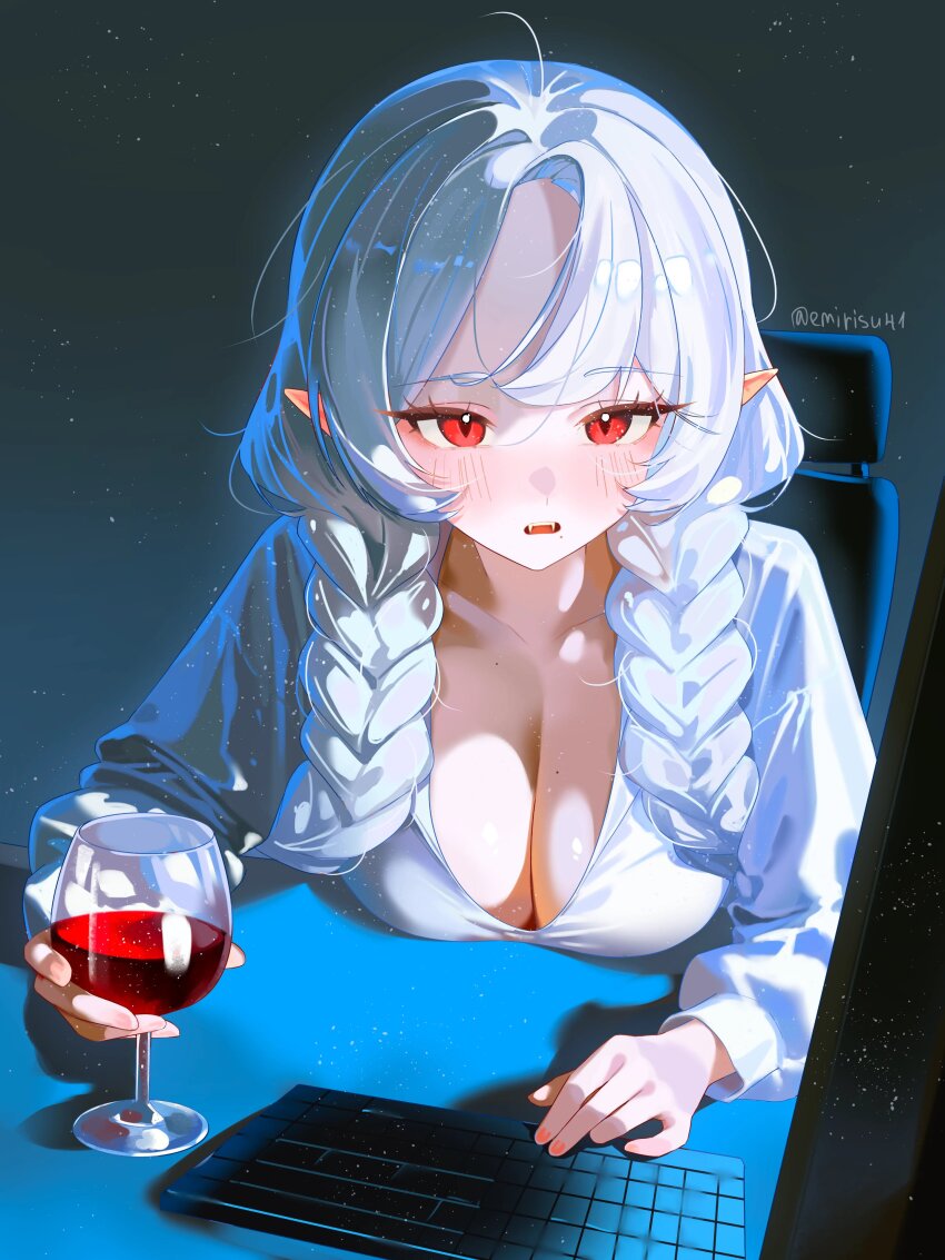 1girl absurdres alcohol blush braid breasts chair cleavage collarbone commentary commission computer computer_keyboard cup drinking_glass emirisu english_commentary fangs forehead hair_over_shoulder highres holding holding_cup indie_virtual_youtuber large_breasts light_particles long_hair looking_at_screen low_twin_braids mole mole_on_breast mole_on_collarbone mole_under_mouth monitor on_chair ophelia_valentine pink_nails pointy_ears red_eyes red_wine screen_light second-party_source shirt sitting solo twin_braids twitter_username vampire vgen_commission white_hair white_shirt wine wine_glass