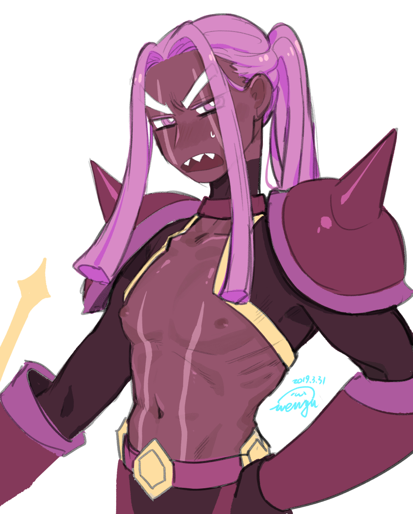 1boy absurdres alternate_hairstyle angry armor belt belt_buckle blush body_markings buckle clothing_cutout collarbone cookie_run dreadlocks facial_mark furrowed_brow gloves hand_on_own_hip highres long_hair looking_at_viewer male_focus navel_cutout nipples open_mouth pants pectorals personification ponytail purple_armor purple_eyes purple_gloves purple_hair purple_pants purple_yam_cookie sharp_teeth shoulder_armor sidelocks sweatdrop teeth topless_female topless_male upper_body wenyu