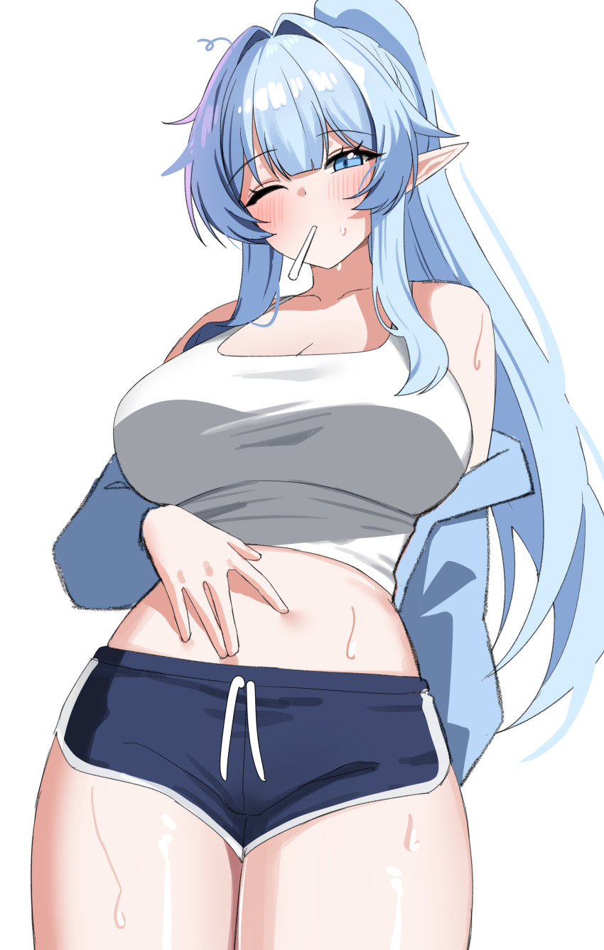 1girl absurdres bare_shoulders blue_eyes blue_hair blue_jacket blue_shorts blush breasts character_pria cleavage commission cowboy_shot crop_top dolphin_shorts drawstring hand_on_own_stomach high_ponytail highres jacket large_breasts long_hair looking_at_viewer midriff mouth_hold navel off_shoulder one_eye_closed original pointy_ears ponytail shirt short_shorts shorts sidelocks simple_background sleeveless sleeveless_shirt solo stomach suisen_(suisenhwa) sweat thighs white_background white_shirt