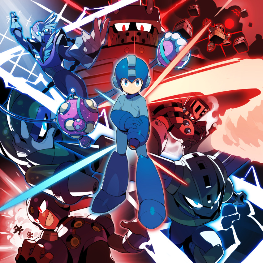 6+boys acid_man android arm_cannon blast_man block_man blue_eyes blue_gloves capcom commentary_request electricity fire fuse_man gloves glowing glowing_eyes grin helmet kin_niku male_focus multiple_boys impact_man red_eyes robot mega_man_(series) mega_man_(character) mega_man_(classic) mega_man_11 bounce_man serious smile standing torch_man tundra_man weapon
