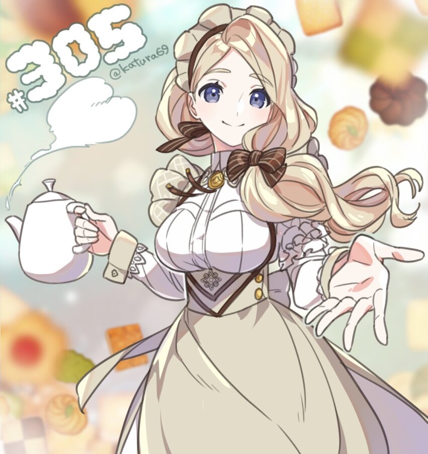 1girl alternate_costume blonde_hair blue_eyes bow closed_mouth cookie dress fire_emblem fire_emblem:_three_houses fire_emblem_heroes food frills hair_bow highres holding holding_teapot katsura_ichiho long_sleeves looking_at_viewer maid_headdress mercedes_von_martritz mercedes_von_martritz_(tea_party) nintendo offering_hand official_alternate_costume open_hand reaching reaching_towards_viewer side_ponytail teapot twitter_username