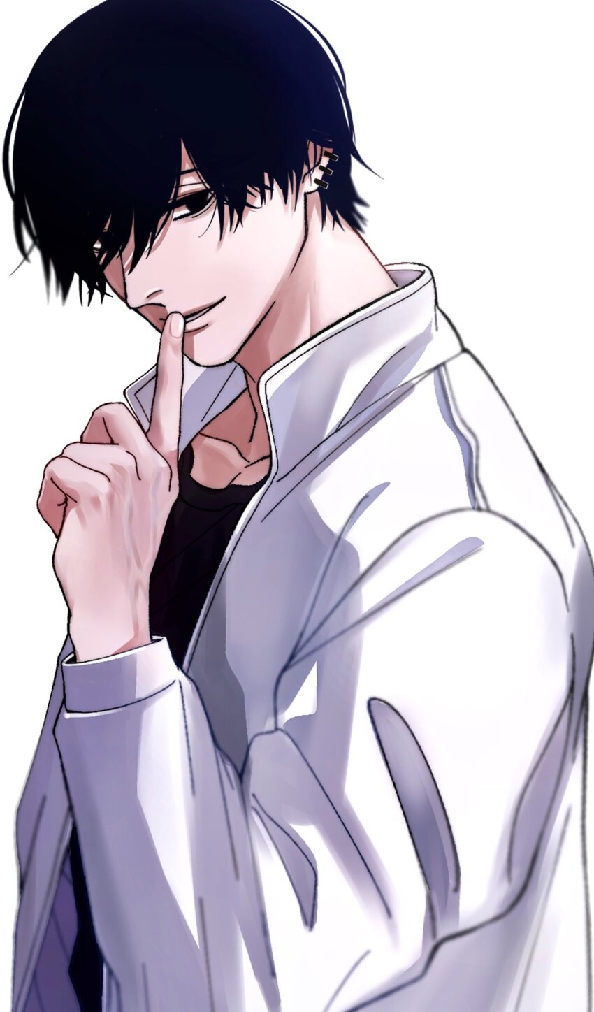 1boy black_hair black_shirt chainsaw_man ear_piercing finger_to_mouth highres jacket looking_at_viewer mole mole_under_mouth multiple_piercings piercing shirt short_hair shushing simple_background siraco_(sira5_3) solo white_background white_jacket yoshida_hirofumi