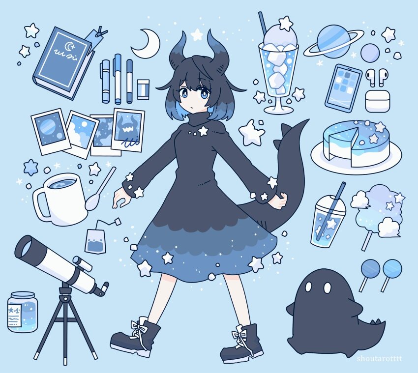 1girl artist_name black_dress black_hair blue_background blue_eyes blue_hair book boots bright_pupils cake candy colored_inner_hair crescent crescent_moon cup dress food full_body gradient_hair highres horns hoshikui ice_cream lollipop long_sleeves looking_at_viewer medium_hair moon multicolored_hair original short_hair shoutarou_(shoutarotttt) simple_background solo spoon star_(symbol) tail telescope two-tone_hair white_pupils