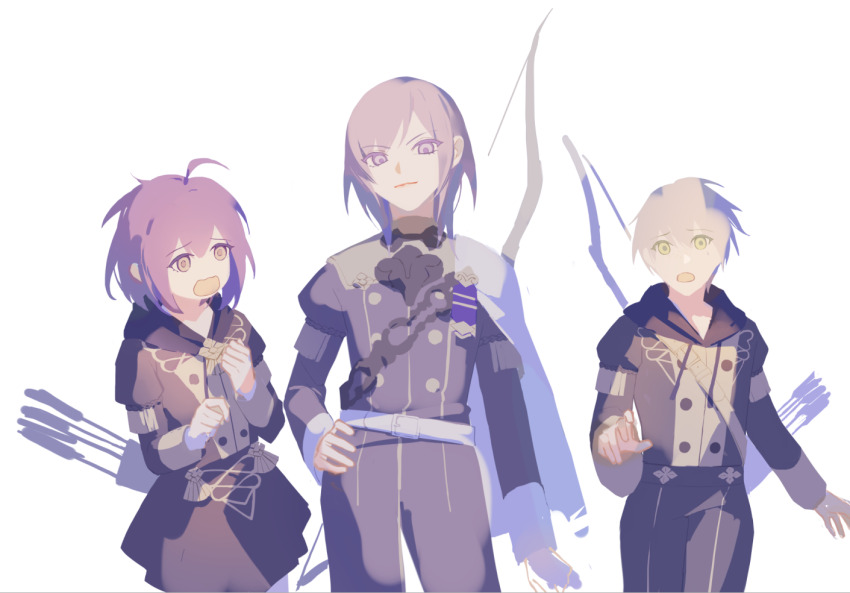 1girl 2boys arms_up arrow_(projectile) ashe_ubert bernadetta_von_varley black_skirt bow_(weapon) brown_eyes cape chinese_commentary clenched_hands commentary_request contrapposto drawstring fire_emblem fire_emblem:_three_houses garreg_mach_monastery_uniform green_eyes grey_hair hair_behind_ear hand_on_own_hip hood hood_down jacket light_smile looking_at_another multiple_boys nintendo open_mouth outstretched_arm pants parted_bangs pleated_skirt purple_eyes purple_hair qaqua quiver school_uniform side_cape simple_background skirt sleeve_cuffs standing weapon weapon_on_back white_background white_cape yuri_leclerc