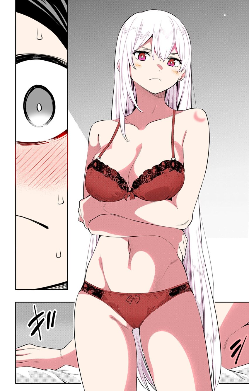 1boy 1girl bare_shoulders black_eyes black_hair blush bow bow_panties bra breasts cleavage closed_mouth collarbone colorized crossed_arms dot_nose female_focus highres large_breasts legs long_hair looking_at_viewer manga_page mato_seihei_no_slave midriff navel nervous_sweating official_art panties pink_eyes red_bra red_panties short_hair sleeveless stomach sweat sweatdrop takemura_youhei thighs underwear underwear_only uzen_kyouka very_long_hair wakura_yuuki white_hair