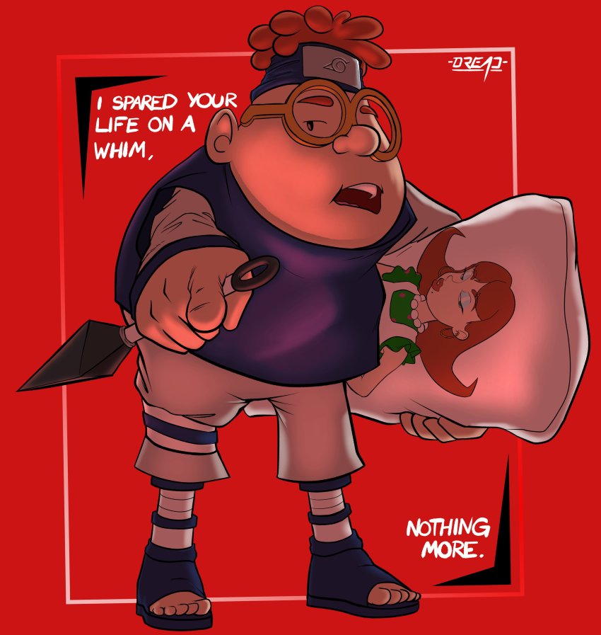 1boy absurdres black_eyes blue_headband brown_hair carl_wheezer commentary commission cosplay dakimakura_(object) dread_(dreadish) english_commentary english_text glasses headband highres holding holding_knife holding_pillow jimmy_neutron jimmy_neutron_(series) judith_neutron judy_neutron knife konohagakure_symbol kunai looking_down male_focus naruto_(classic) naruto_(series) open_mouth pillow purple_shirt red_background shirt shorts solo standing toes uchiha_sasuke uchiha_sasuke_(cosplay) weapon white_shorts