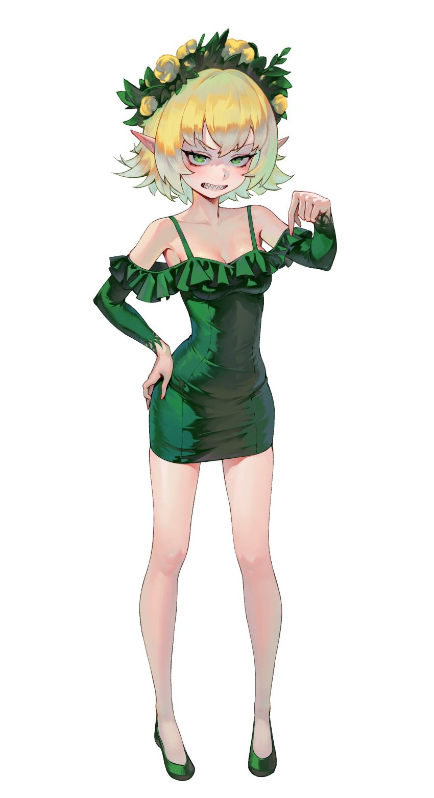 1girl absurdres angry blonde_hair breasts commentary dress elf english_commentary flower frilled_dress frills full_body gemi_ningen green_dress green_eyes green_footwear hair_flower hair_ornament hand_on_own_hip highres long_sleeves looking_at_viewer off-shoulder_dress off_shoulder original pathfinder pencil_dress pointing pointing_down pointy_ears sharp_teeth short_hair simple_background small_breasts solo spaghetti_strap teeth white_background witch