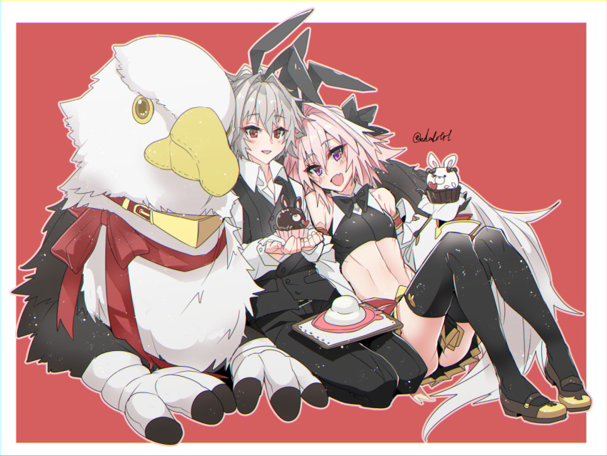 animal-themed_food animal_ears astolfo_(fate) astolfo_(saber)_(fate) astolfo_(saber)_(first_ascension)_(fate) black_bow black_bowtie black_gloves black_pants black_thighhighs black_vest blush bow bowtie buttons crop_top detached_sleeves dress_shirt fake_animal_ears fang fate/apocrypha fate/grand_order fate_(series) food gloves gorget grey_hair hair_between_eyes hair_bow hair_intakes haoro heart holding holding_food male_focus mary_janes muffin multicolored_hair open_mouth pants pink_hair pleated_skirt purple_eyes rabbit rabbit_ears red_background red_bow red_eyes red_ribbon ribbon shirt shoes short_eyebrows short_hair sieg_(fate) signature sitting skin_fang skirt smile streaked_hair stuffed_animal stuffed_bird stuffed_toy thighhighs trap two-tone_hair vest white_hair white_shirt wing_collar