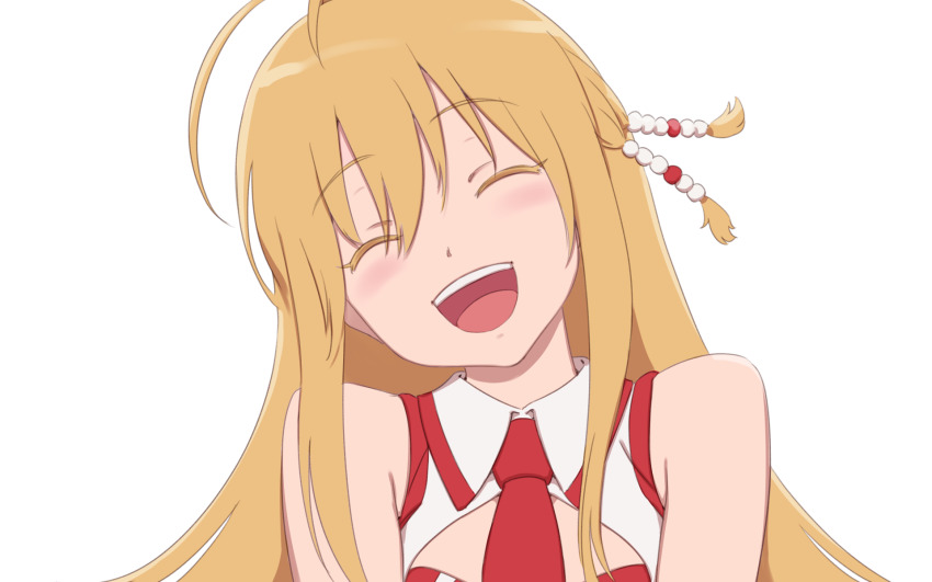 1girl :d ^_^ antenna_hair bare_shoulders beads blonde_hair closed_eyes colored_eyelashes facing_viewer hair_beads hair_between_eyes hair_ornament head_tilt highres long_hair necktie open_mouth red_necktie simple_background smile solo straight_hair tarokazu teeth tsurumaki_maki upper_body voiceroid white_background