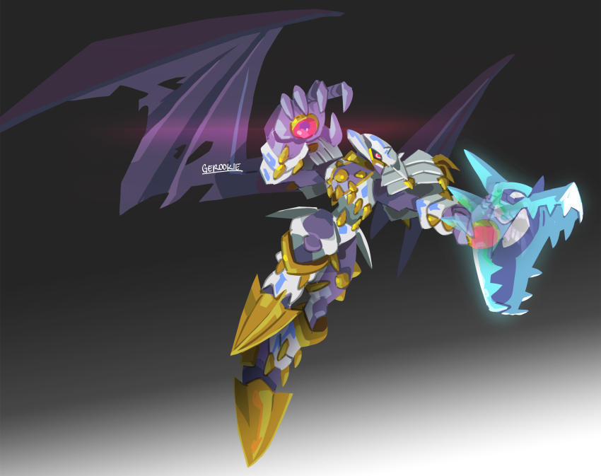 armor artist_name black_background black_wings digimon digimon_(creature) dragon dynasmon full_body gero_rivera gradient_background grey_background highres knight missing_commentary red_eyes simple_background solo torn_wings white_armor wings