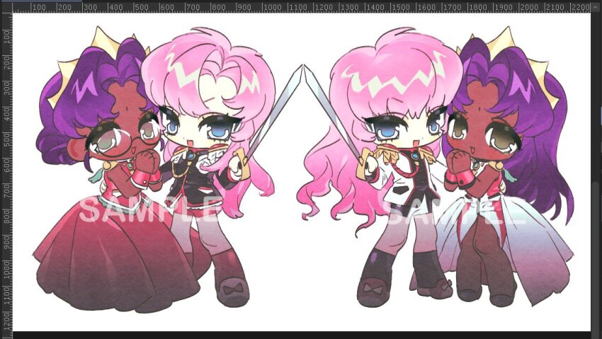 2girls art_program_in_frame black_jacket blue_eyes chibi chibi_only commentary dark-skinned_female dark_skin dress full_body himemiya_anthy jacket laz_(wancchaco) multiple_girls pink_hair purple_hair red_dress sample_watermark shoujo_kakumei_utena shoujo_kakumei_utena_adolescence_mokushiroku tenjou_utena watermark wavy_hair white_dress white_jacket wrist_cuffs