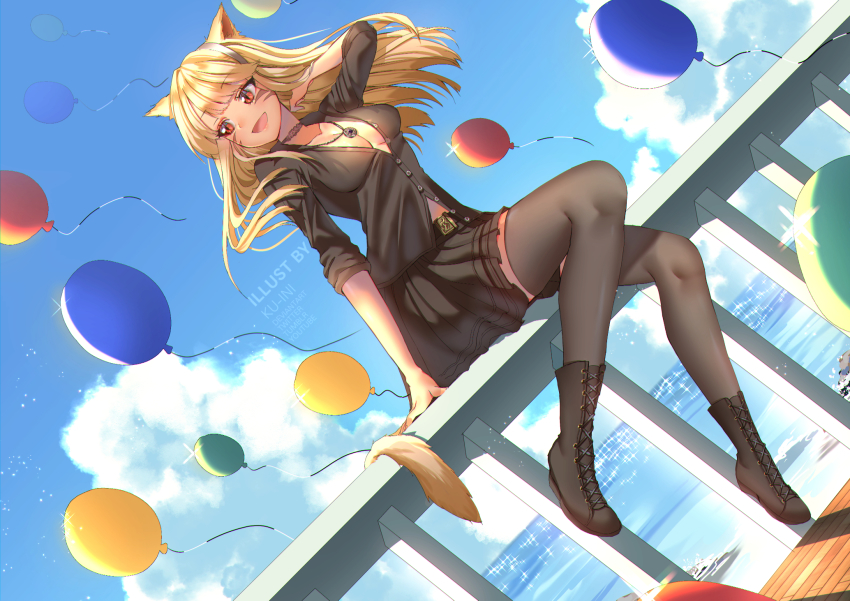 1girl :d animal_ears artist_name balloon belt black_boots black_choker black_shirt black_skirt black_thighhighs blonde_hair boots breasts cat_ears cat_girl cat_tail center_opening choker cloud commission day dutch_angle female_focus final_fantasy final_fantasy_xiv hair_flip highres jewelry ku-ini lace-up_boots long_hair long_sleeves medium_breasts miniskirt miqo&#039;te necklace no_bra open_mouth outdoors pleated_skirt railing red_eyes shirt sitting skirt sky sleeves_pushed_up slit_pupils smile solo tail thighhighs warrior_of_light_(ff14) wind zettai_ryouiki